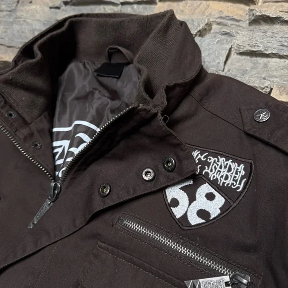 Vintage Y2K Blac Label Jacket Men’s Large Trench Military Graphic Brown Full Zip - Picture 2 of 15